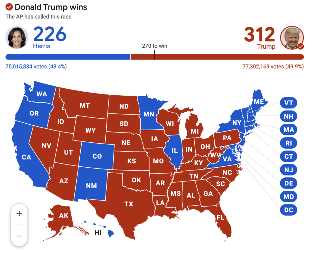 The last of our charts is an electoral college map showing Trump's victory in November 2024